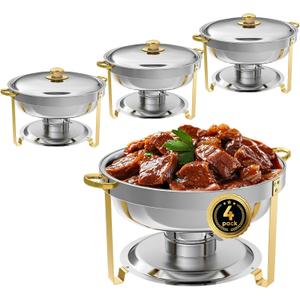 Chafing Dish Buffet Set of 4, 5QT Round Stainless Steel Chafer for Catering, Upgraded Chafers and Buffet Warmer Sets w/Food & Water Pan, Lid, Gold Frame, Fuel Holder for Party Wedding Holiday (4-Pack)