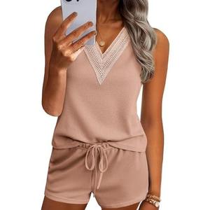 Ekouaer Pajama Sets for Women 2 Piece Tank Top and Shorts Waffle Knit Lounge Set with Lace V-neck PJ Loungewear S