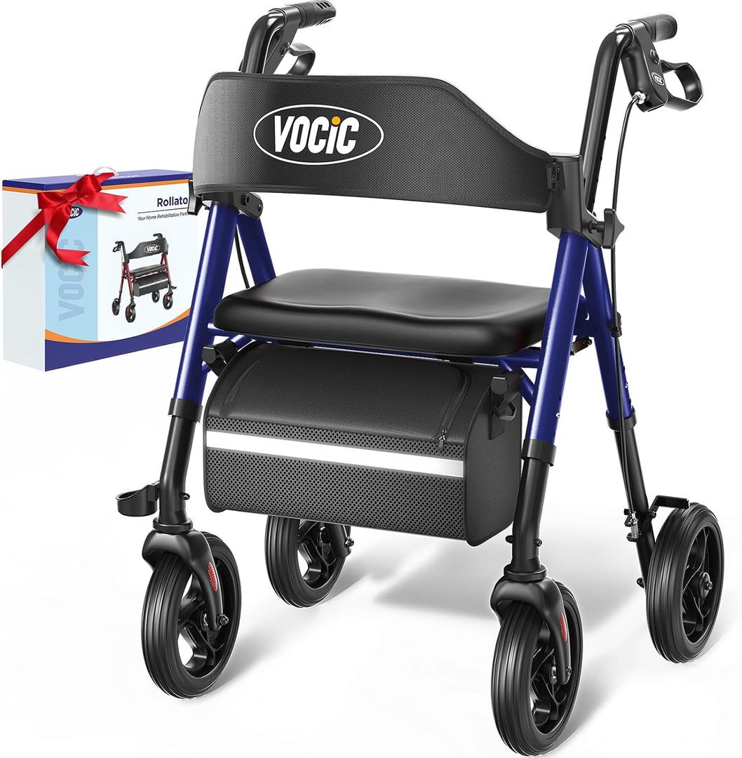 VOCIC Walkers for Seniors, Z21 Rollator Walker with Seat Supports 350lb, 8" Big Wheels for All Terrain, Ergonomic Arc Seat & 6" Ultra Backrest Foldable Walker, Dual Height Adjustment, Lightweight 2025 (Klein Blue)