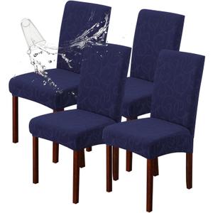 Genina Waterproof Dining Room Chair Covers Stretch Parsons Chair Slipcovers for Dining Room Kitchen Chair Protector Cover, Removable, Washable (4 Large, Flower Pattern-Navy)