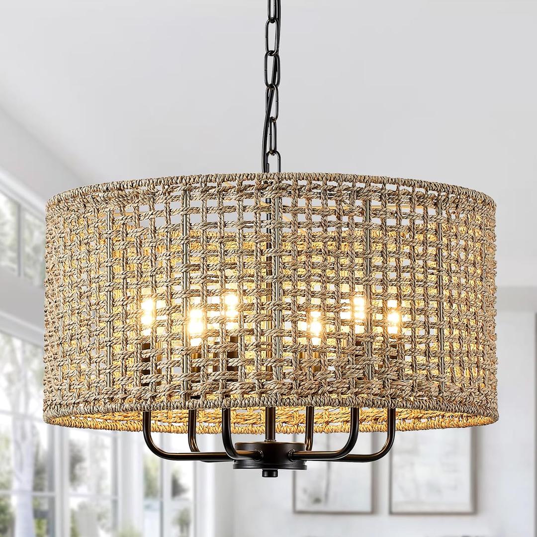 20" Rattan Hand-Woven Boho Wicker Chandelier - 6-Light Drum Farmhouse Oversized Vintage Pendant Light Fixture for Dining Room, Kitchen Island, Entryway (Black)