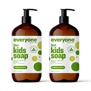 Everyone 3-in-1 Kids Soap, Body Wash, Bubble Bath, Shampoo, 32 Ounce (Pack of 2), Tropical Coconut, made with Essential Oils for Toddlers, tweens and teens