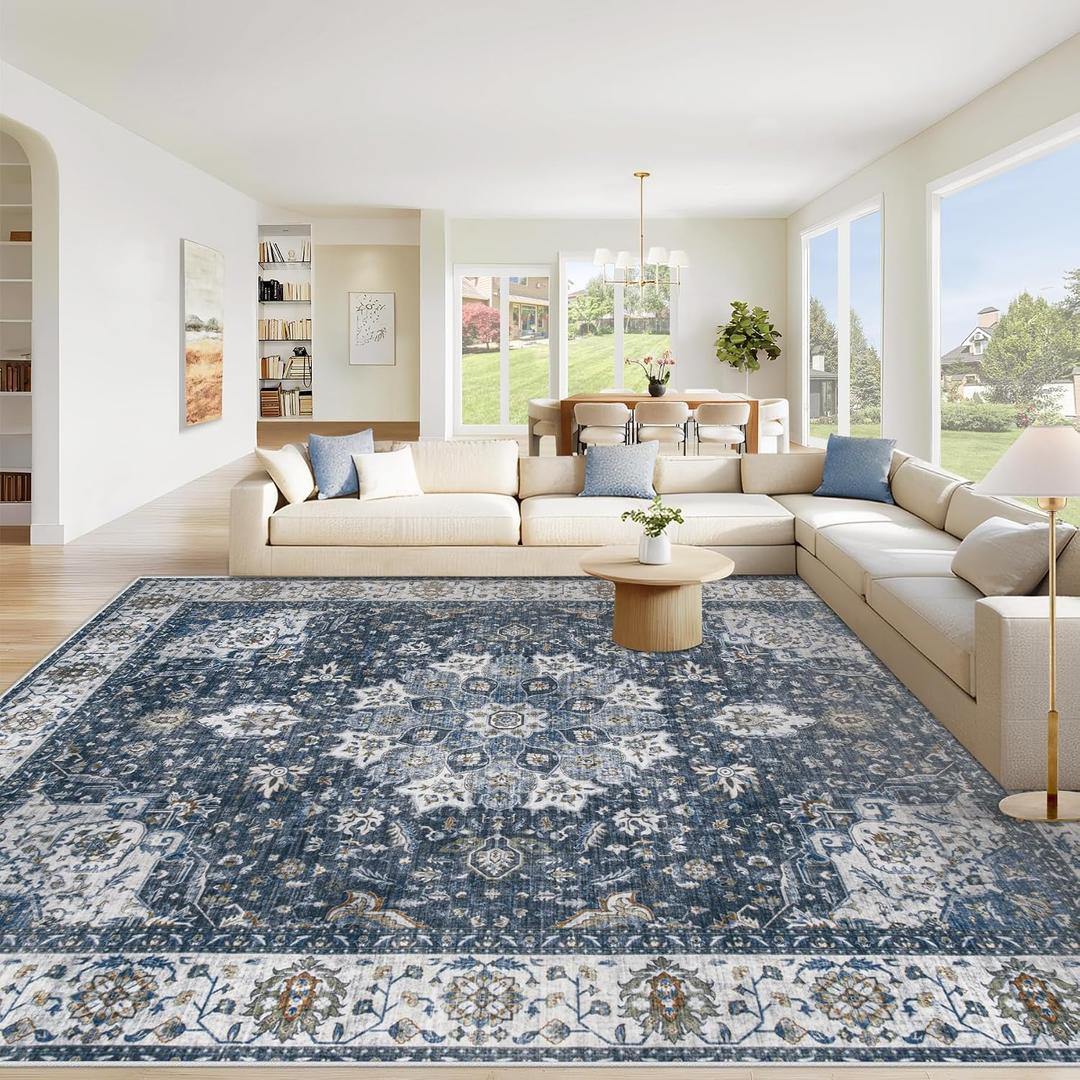 Area Rug 8x10 Washable Rug, Vintage Boho Medallion Rugs Non-Slip Soft Low Pile Large Distressed Rug Indoor Retro Carpet for Living Room Bedroom Dining Room Home Office (Vintage Blue, 8'x10')
