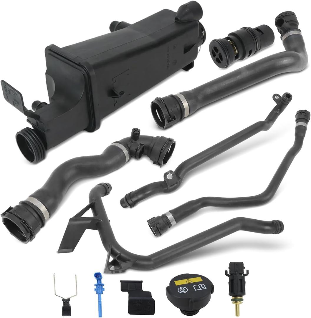 9PCS Engine Coolant Overflow Recovery Reservoir Tank Kit for BMW 1998-2006 E46 320i 320Ci 323i 325i 323Ci 328Ci 325Ci 328i 330i 330Ci 316i 318i, OE# 17117573781 17111437362 11537502525 11531436410