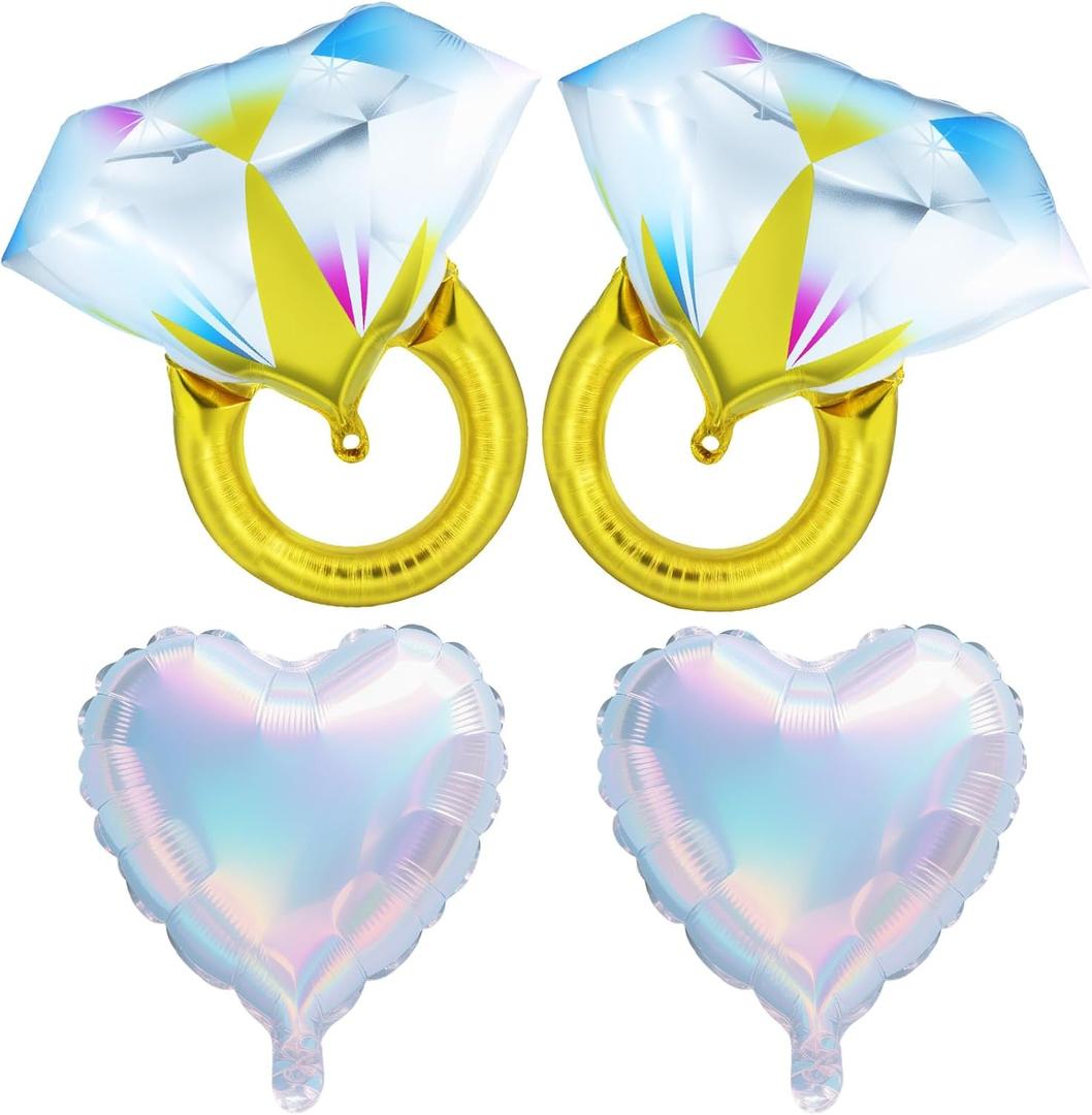2 x 4PCS Diamond Ring & Heart Balloons Set - Bachelorette Party Decorations, Engagement Decor, Wedding Proposal Balloons, Bridal Shower, Just Married, Bride Anniversary Valentine's Day Party Favors