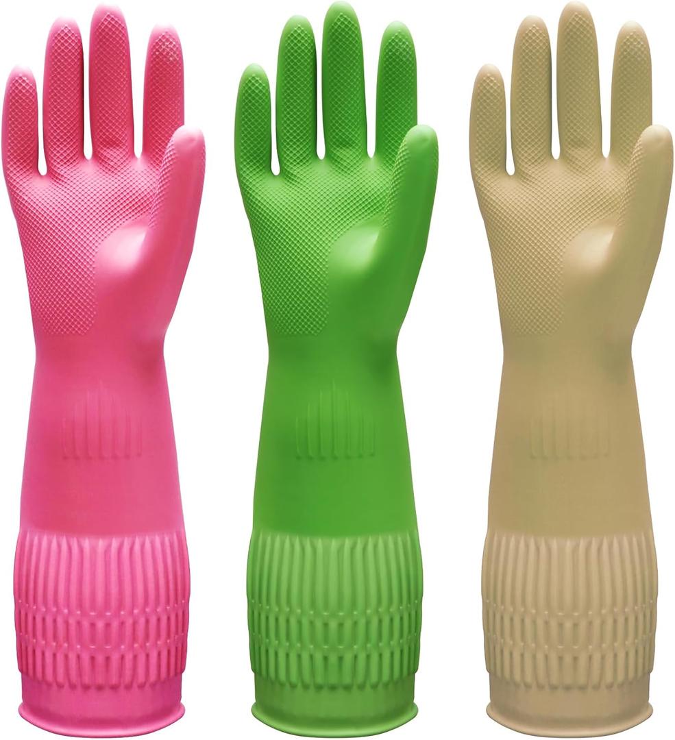 Bamllum 3 Pairs of Rubber Dishwashing Gloves for Kitchen and Household Cleaning  Long Cuff 15", Reusable, Flexible Long-lasting and Non-Slip (Red+Yellow+Green, Large)