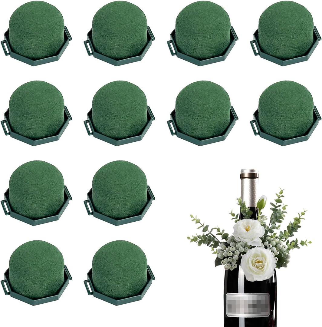 Flower Foam Holders, 12 Pcs Green Round Floral Foam with Adhesive & 38Yd Wire for Wine Bottle Arrangements, Wedding Centerpieces, DIY Fresh/Dried Artificial Flowers Decor