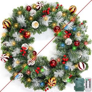 Remote Control - 24 Inch Prelit Christmas Wreath for Front Door, Real Touch Christmas Wreath with Lights, Dual Color, Nowy Pine Branch Pinecone Berry Cluster Balls for Door Windows Wall Outdoor Decor