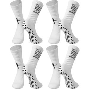 Geyoga 4 Pairs Grip Cross Soccer Socks Anti-slip Grips Sports Sock with Faith Bible for Baseball Football Basketball Gym (White)