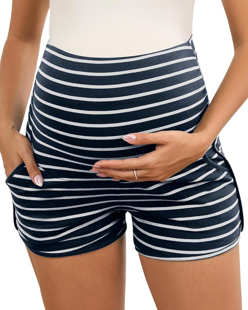 Maternity Shorts Over Belly Comfy Lounge Sleep Pajama Workout Athletic Pregnancy Shorts with Pockets (Small, Navy)