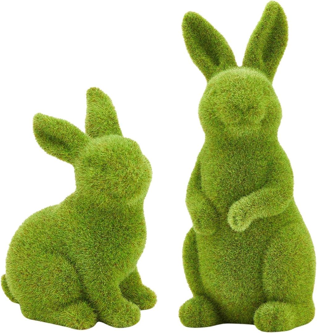 Decorative Decorations for Easter Bunny Gifts, Moss Green Flocking Sculpture, Garden Courtyard Family Gathering Celebration Decorations (Small 2PCS Standing+Sitting)