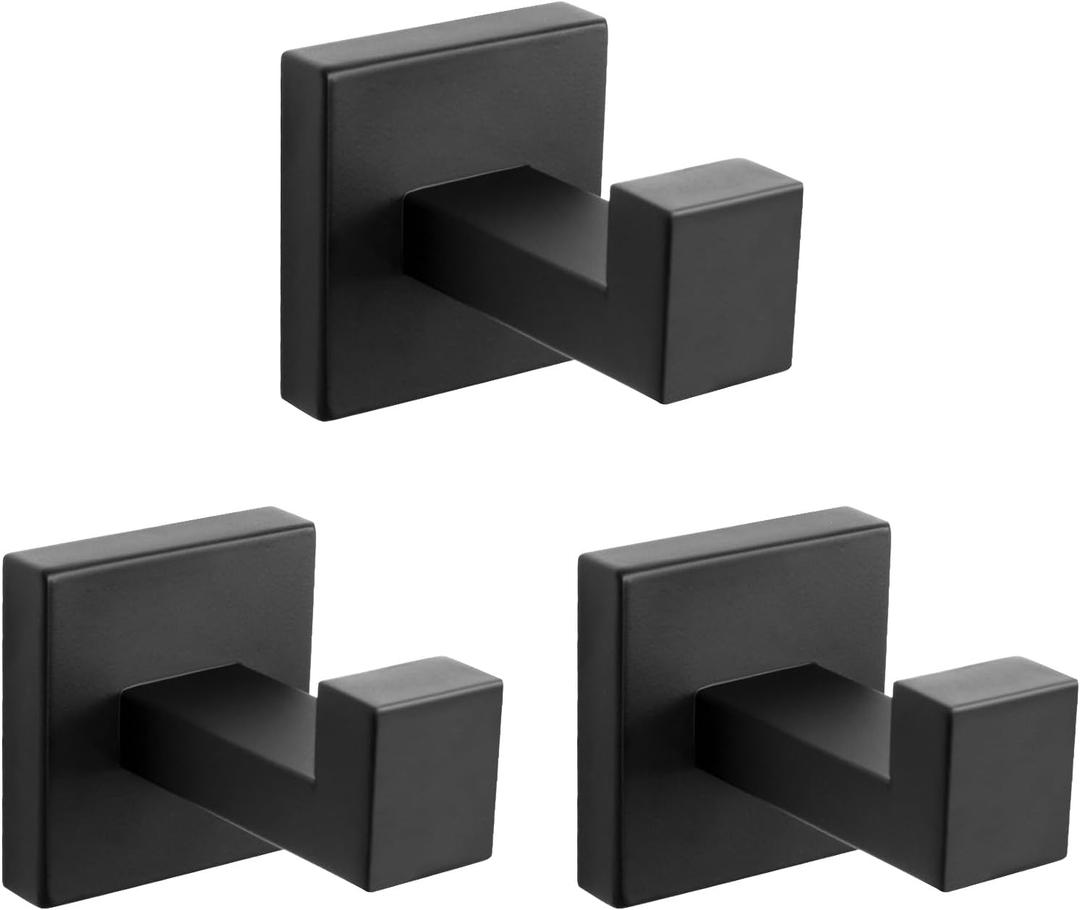 NearMoon Bath Towel Hooks -SUS304 Stainless Steel Square Clothes Robe Hooks Hanger, Heavy Duty Coat Hooks for Bathroom Livingroom Hotel Kitchen Garage, Wall Mounted (3 Pack, Matte Black)