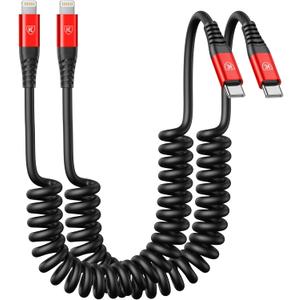 KIYODA USB C to Lightning Cable 6FT 2Pack, Coiled iPhone Charger USB C Fast Charging for Car Short iPhone Cord for iPhone14/13/12/11 Pro Max/iPad/CarPlay-Red