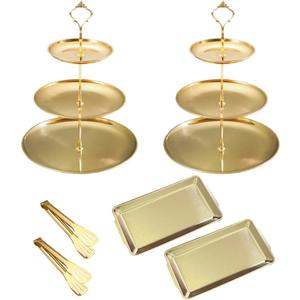 6 Pcs Gold Cake Stands Set, 2 PCS 3 Tier Stainless Steel Cupcake Stands with 2 PCS Rectangular Trays, 3 PCS Serving Tongs, Gold Dessert Stand Cupcake Tower for Weddings, Birthday Party