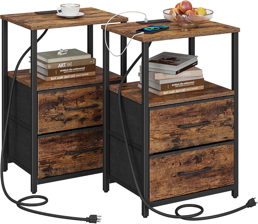 TUTOTAK End Table with Charging Station, Side Table with 2 USB Ports and Outlets, Nightstand with Cloth Drawer, Set of 2, Couch Table, Brown TB01BB052