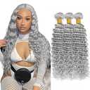 Gray Deep Wave Bundles Human Hair Silver Bundle 18 20 22 Inch Niegmeag Peruvian Virgin Soft And Silky Remy Hair Extensions Grey Deep Wave Bundles 300g