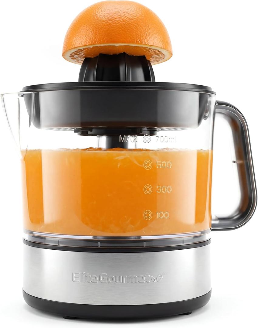 Elite Gourmet ETS623 BPA-Free 40-Watt Electric Citrus Juicer, Compact, Large Volume, Pulp Control, Oranges, Lemons, Limes, Grapefruits with Easy Pour Spout, 24oz, Black/ Stainless Steel