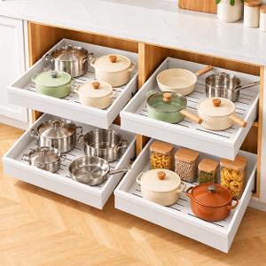 Pull out Cabinet Organizer, 4-Pack Expandable(13.6"-24") Silde out Drawers with Raising Pad for Framed Cabinets, Adjustable Full-Extension Adhesive Roll out Shelves for Kitchen Pantry Home Pot and Pan