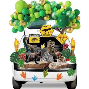 Blosssound 95 Pcs Halloween Trunk Or Treat Car Decorations Kit with Dinosaur Jungle Theme Includ Jungle Balloon Garland Kit, Palm Leaves, Faux Rock for SUV Archway Garage Door Party