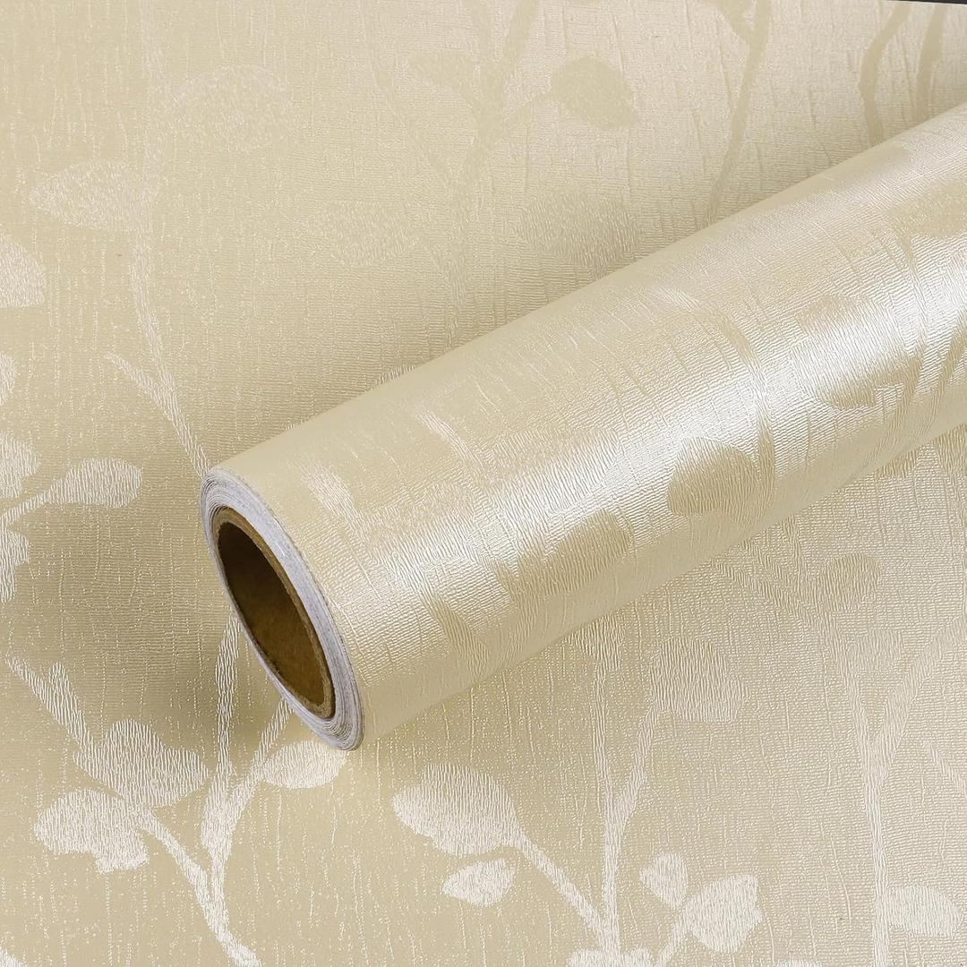 VEELIKE Boho Cream Yellow Peel and Stick Wallpaper with Branches Removable Yellow Contact Paper for Cabinets Drawers Walls 15.7''x118'' Waterproof Self Adhesive Cream Wallpaper for Bedroom Bathroom