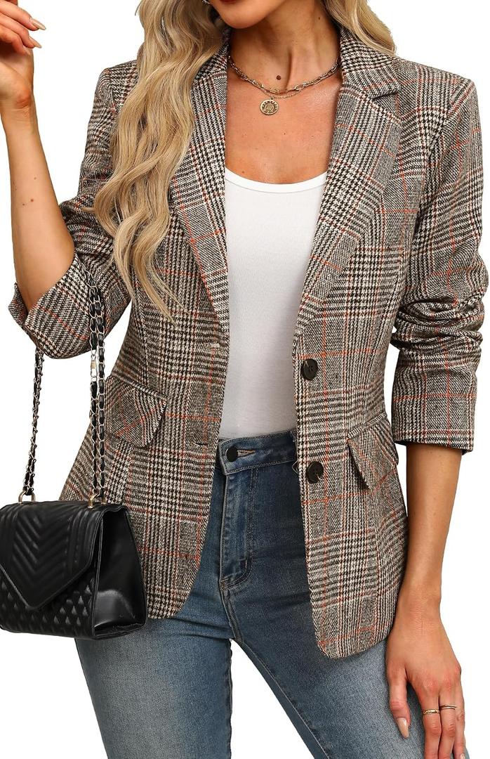 ELLEVEN Women's Lapel Collar Plaid 2 Button Boyfriend Blazer Suit Houndstooth Work Office Blazer Jacket, 