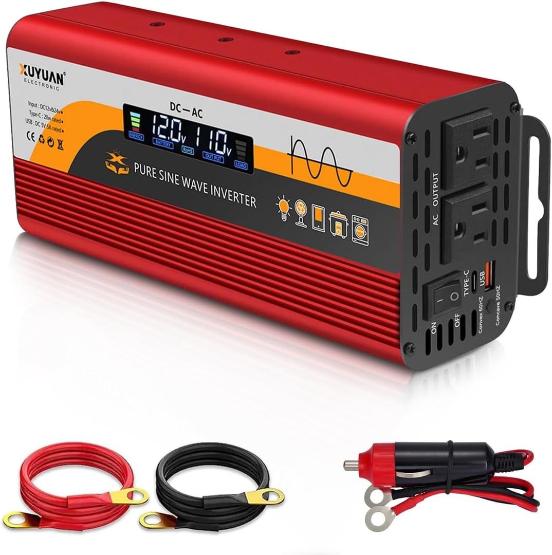 500W Pure Sine Wave Inverter, 12V/24V Auto-Detect, 50Hz/60Hz Switchable, LCD Display, Type-C Fast Charging, Silent Design, Overload & Overheat Protection for RV, Home