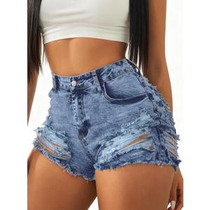 LovelyWholesale Womens Sexy Distressed Denim Shorts Summer High Waisted Ripped Jean Shorts D Blue Large