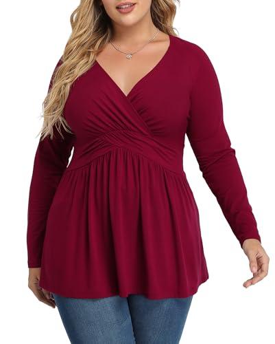 TIANZHU Plus Size Red Tops For Women Wrap baby doll shirt Long Sleeve winter Tunic Top dressy V Neck Blouse empire waist low cut flowy peplum clothing XX-Large Wine Red, 2XL