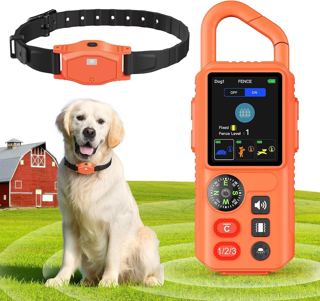 4-in-1 Wireless Dog Fence System, Electric Fences for Medium Large Dogs, 4 Modes Training Collar with Remote, IPX7 Waterproof, Portable Indoor & Outdoor Safe Pet Containment, Real-Time Display
