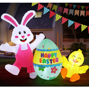 Elegear 5FT Easter Inflatables Bunny & Chick Outdoor Decoration, Lighted Easter Blow Up Yard Décor with Colorful Egg for Lawn, Garden, Holiday Party & Spring Display