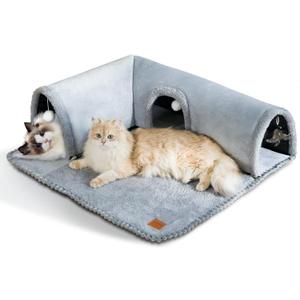 CATISM Cat Bed with Tunnel - Cat Beds for Indoor Cats 3-Way Ports 3 Toys, Soft Cave, Large Tunnel, Detachable Rug, Non-Slip Bottom Carpet for Kitten Ferrets Small Animals