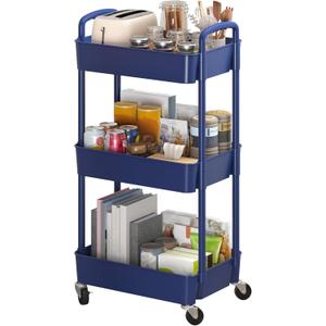 Sywhitta 3-Tier Plastic Rolling Utility Cart with Handle, Multi-Functional Storage Trolley for Office, Living Room, Kitchen, Movable Storage Organizer with Wheels, Blue
