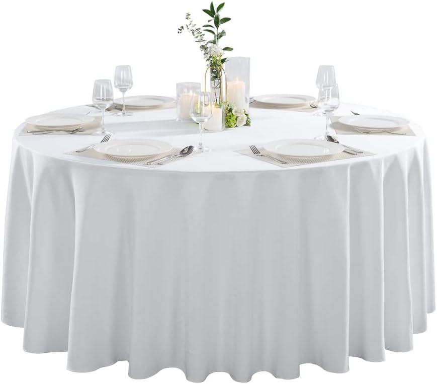 Restaurantware Table Tek 120 Inch Table Covers 10 Round Wedding Tablecloths - Washable Wrinkle-Free White Polyester Banquet Tablecloths Hemmed for Parties Holidays or Buffets