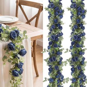 Riceshoot 4 Pcs 26 ft Artificial Eucalyptus Vines Garland with Flowers Faux Floral Greenery Garlands Rose Wreath for Wedding Party Arch Table Decor Backdrop Decorations (Dusty Blue)