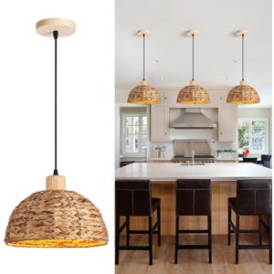 Boho Pendant Lights Kitchen Island, 11.8" Hand-Woven Rattan Light Fixture Bohemian Lighting Farmhouse Seagrass Weaving Hanging Ceiling Light Chandelier for Living Dining Room Restaurants