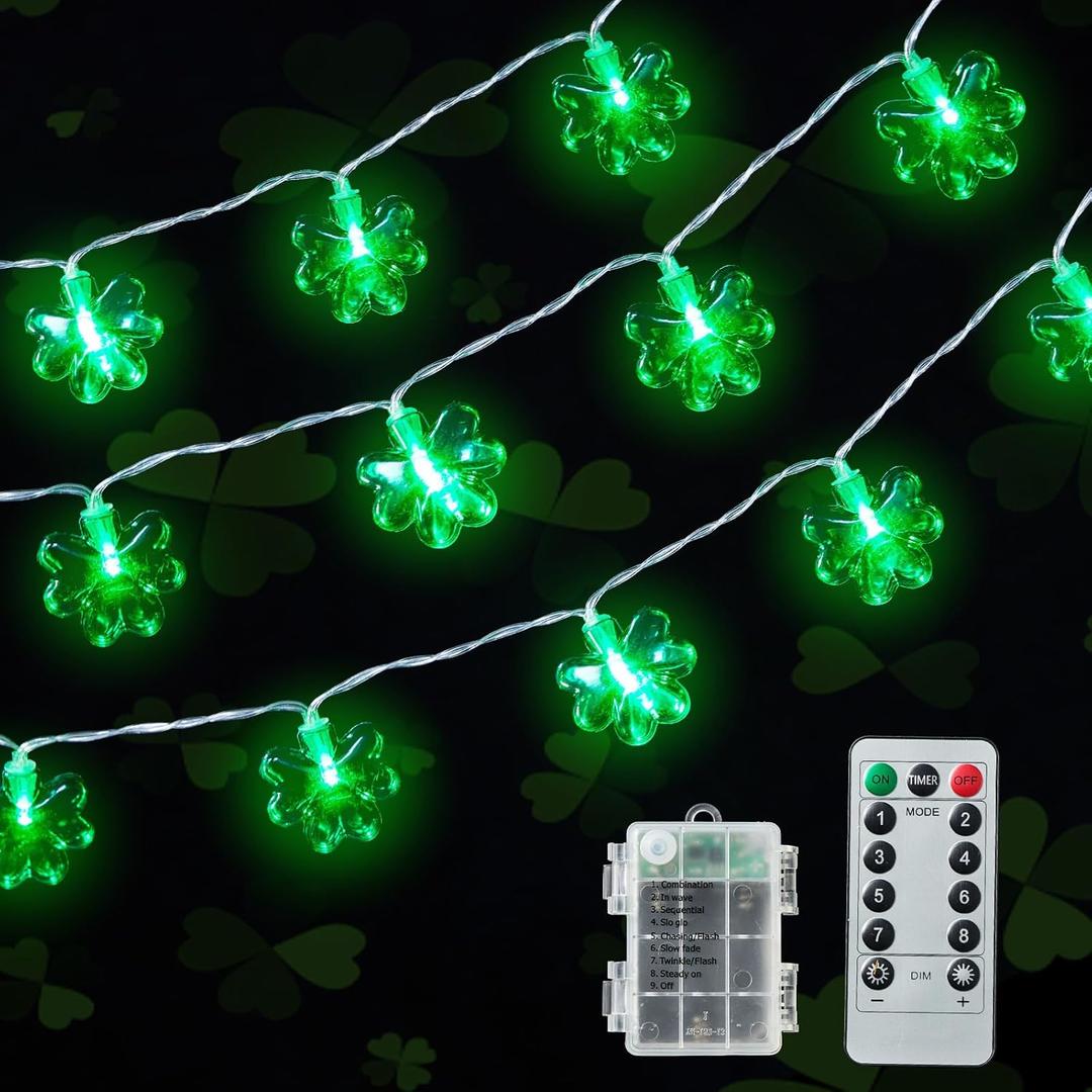 St Patricks Day Decorations Green Christmas Lights with 40 Led 3D Shamrocks, Battery Operated Lucky Clover Lights with Remote Control for Indoor Outdoor Home Garden Golf Cart St. Patrick's Day Decor