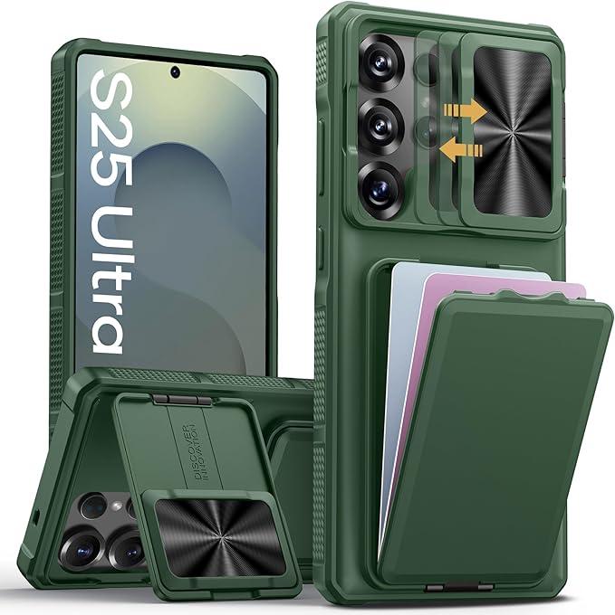 SSLOTSCASE for Samsung Galaxy S25 Ultra Case with Card Holder & Camera Cover Stand & Slide Lens Cover, Multifunctional Rugged Wallet Phone Case Cover for Galaxy S25 Ultra 6.9'', Green