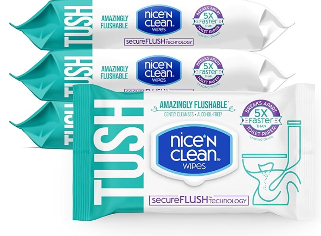 Nice 'N CLEAN SecureFLUSH Alcohol Free Flushable Wipes, Gentle for Sensitive Skin, 3 Flip-Top Packs (126 Total Wipes)