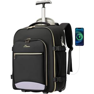 Carry On Backpack with Wheels for Adults, Airline Approved Rolling Backpack for Women, Foldable Bottom Travel Laptop Backpack (Black)