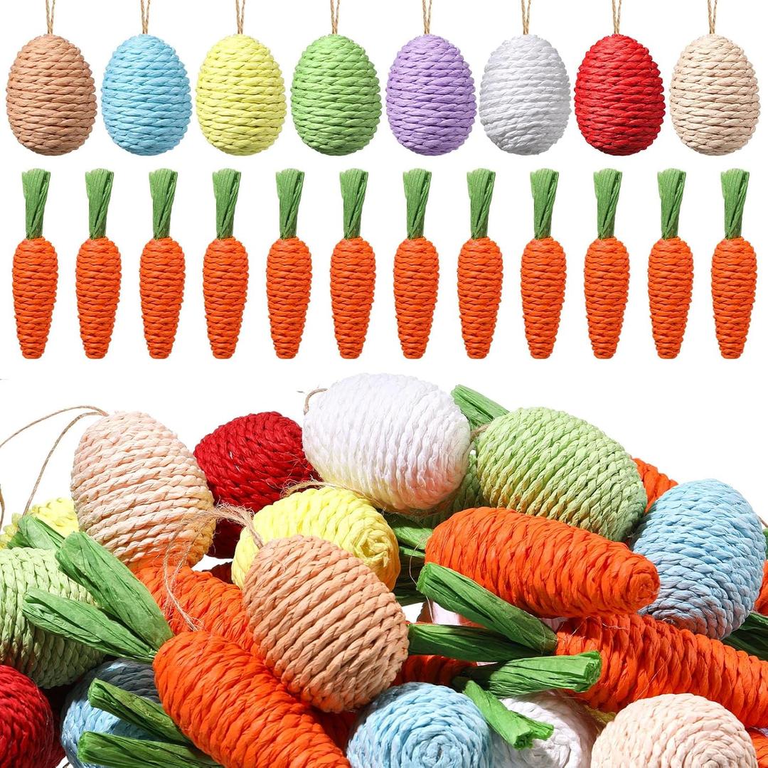 Bucherry 36 Pcs Easter Decorations for Home 5'' Artificial Jute Carrots Decor 2.4'' Colorful Egg Hanging Tree Ornaments for Small Tree Vegetable Gifts Basket Fillers Tabletop Home Party