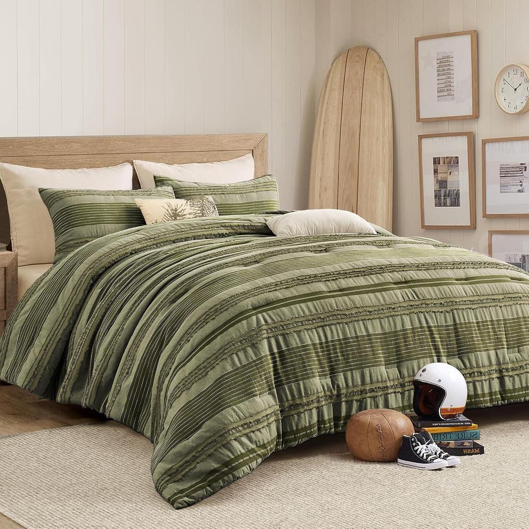 Wonderful Army Green Comforter Set Queen Size, Yarn Dyed Farmhouse Striped Cotton Lightweight Boho Comforter with Pillow Shams, Fluffy Bedding Set for All Season