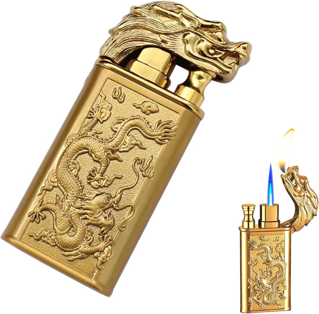 Torch Lighter, Windproof Double Flame Dragon Butane Lighter, Cool Dual Jet Flame Refillable, Creative Gift for Men (Gold)