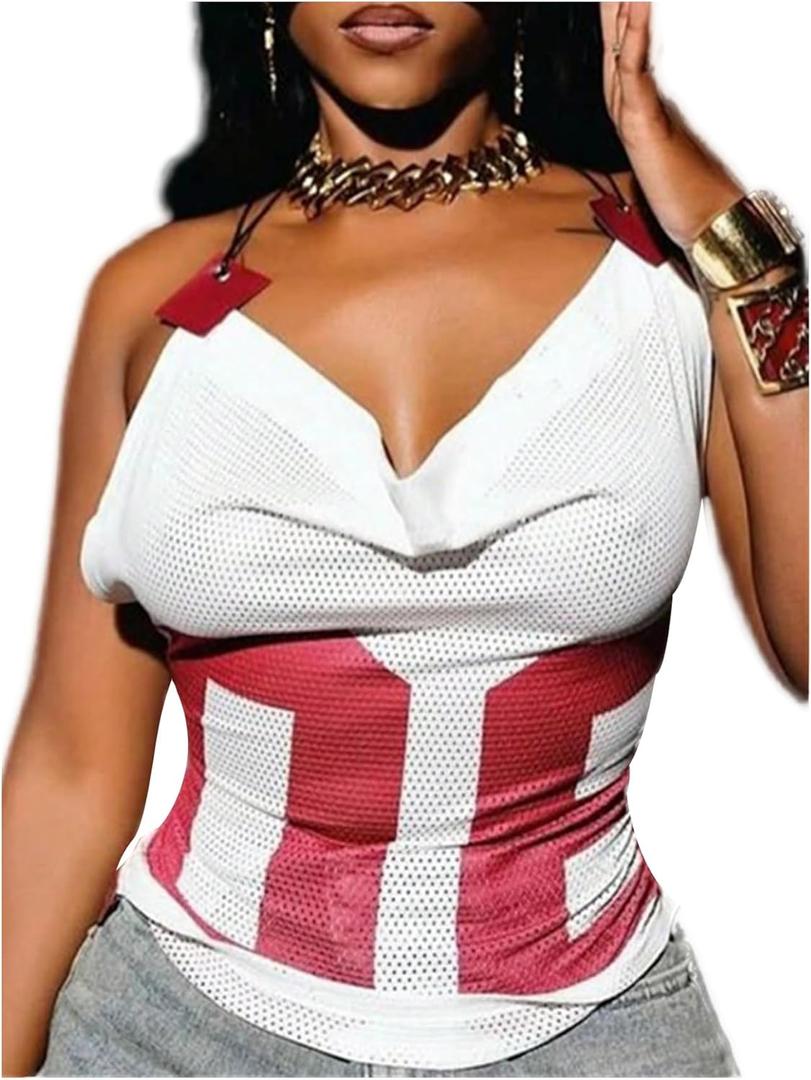 MakeMeChic Women's Cowl Neck Halter Crop Tops Backless Y2k Graphic Tank Top Jersey Shirt (M)