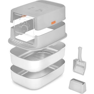 Stainless Steel Sifting Litter Box with Lid, Metal Litter Pan with Scoop for Big Cats Multi Cat, Extra Large Cats Litterbox Odor Control Easy Clean (23 * 15.7 * 16.7inch-Full Enclosed, X-Large)