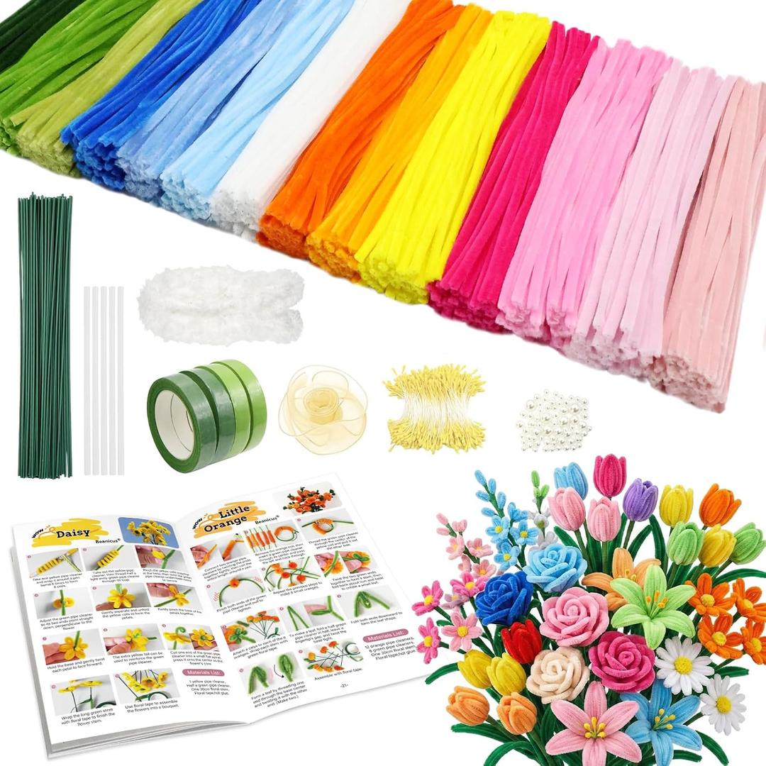 beanicus 700 PCS Pipe Cleaners Craft, Pipe Cleaners Flowers Kit with Handle, 14 Colors Chenille Stems with 18 Flowers Instruction, Art and Craft Supplies