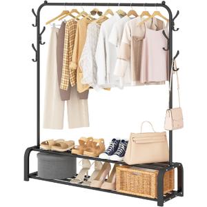 UDEAR Garment Rack Free-standing Clothes Rack with Top Rod,Lower Storage and 6 Hooks,Black