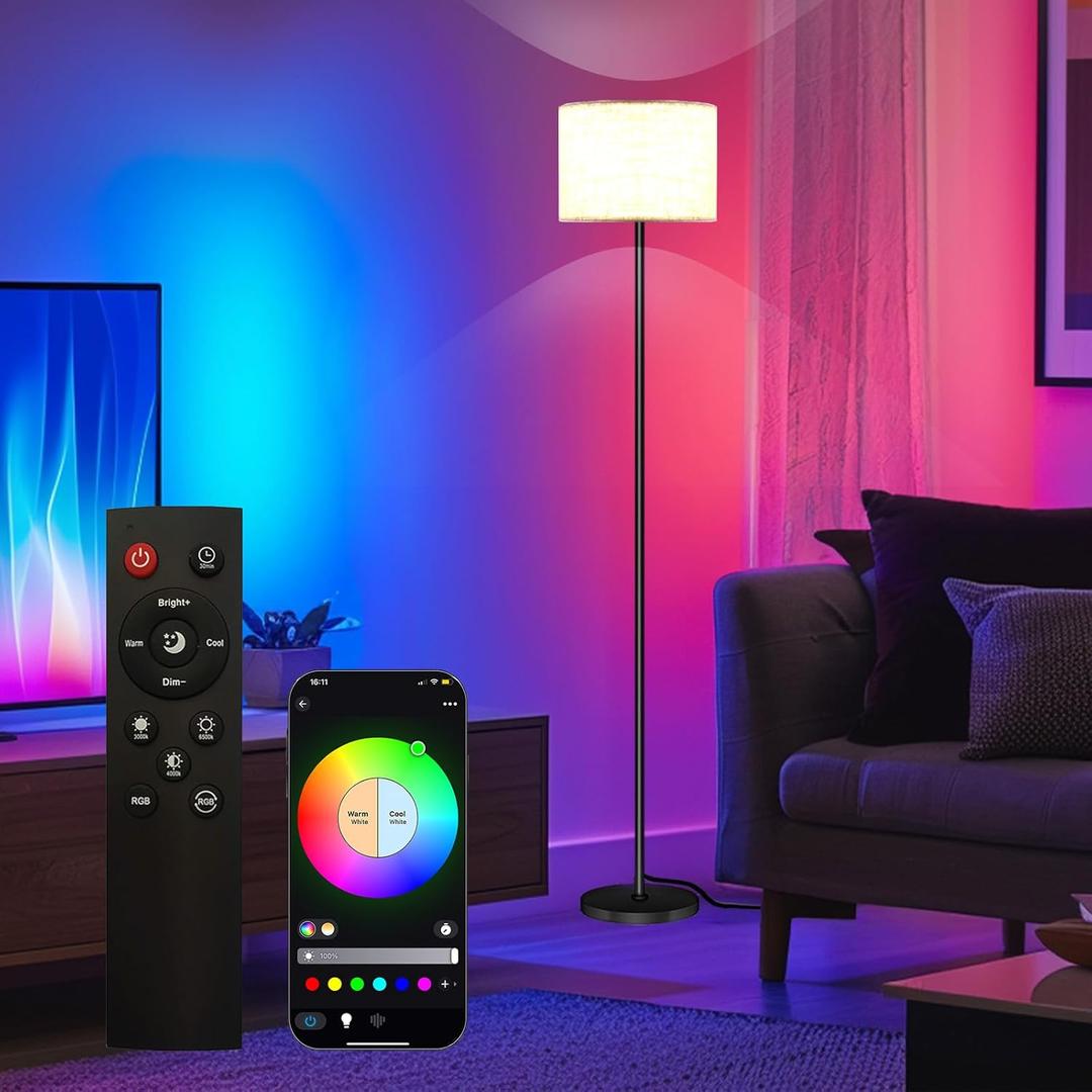 Qaubauyt Smart LED Floor Lamp with APP Control & RGB Colors - Dimmable Standing Lamp for Living Room, Bedroom, Gaming - Remote, Timer, 9W Bulb Included, 60.6" Modern Tall Lamp (White)