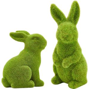 2PCS Easter Bunny Ornament Set, Green Moss Artificial Sculpture, Green Bunny Resin Ornament, Spring Garden Decoration. (Large 2PCS Standing+Sitting)