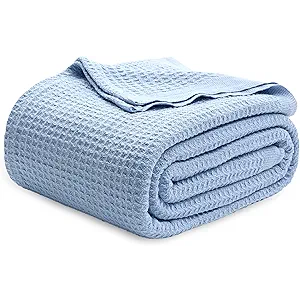 Bedsure 100% Cotton Bed Sheets Set King Size for Bed - Breathable and Soft, Waffle Weave Blanket for Summer Spring, Sky Blue
