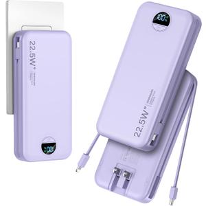 aonidi 20000mAh Ultra-Portable-Charger-Power-Bank PD20W with Built in Cables&AC Wall Plug,Fast Charging Cell Phone Charger Battery Pack,LED Display Travel Battery Bank for All iPhone,Samsung,Android, Purple 